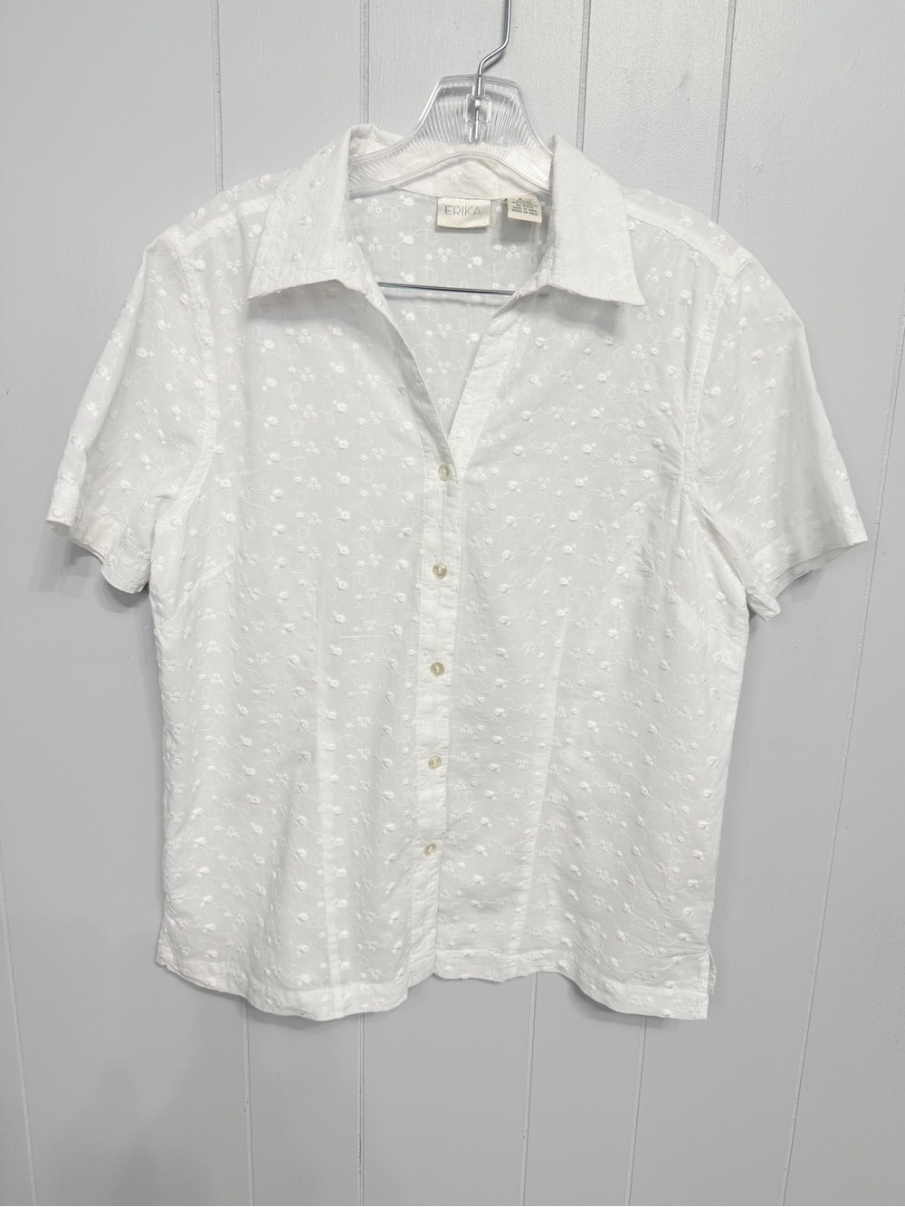 #7) Erika White Short-Sleeve Button-Down Eyelet Cotton Shirt